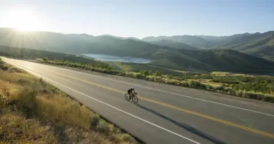 Ciclista solitario practica cicloturismo en California en una ruta bordeando un reservorio de agua durante la Golden Hour, montando una bicicleta gravel Specialized con alforjas Ortlieb. Esta imagen captura la esencia del 'Golden State' y es perfecta para acompañar artículos sobre rutas de aventura y seguros de viaje específicos para EE. UU.